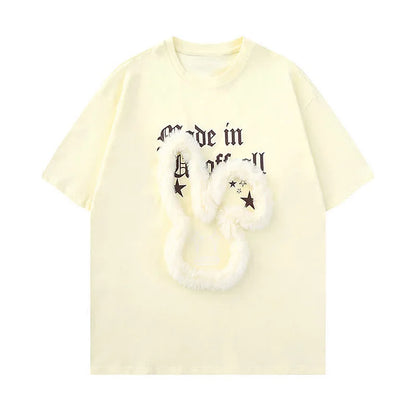 Plush Rabbit Pattern Letter Print Round Neck T-Shirt