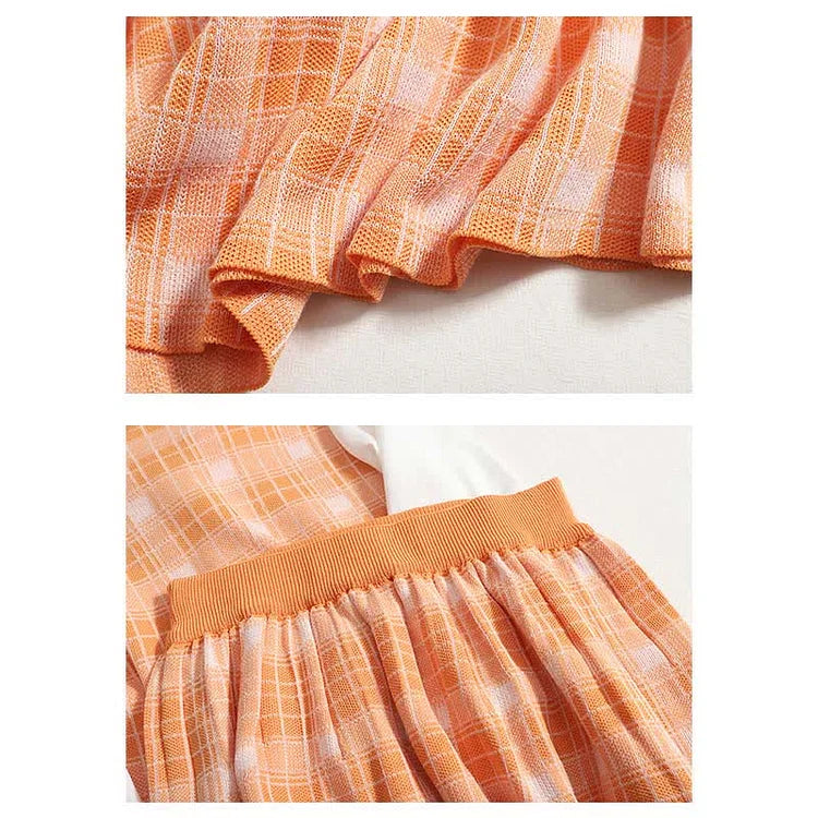 Plaid V-Neck Bowknot Knit Shirt Skirt Two Piece Set