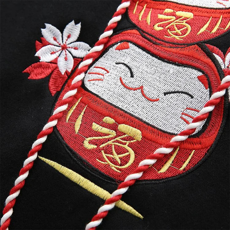 Lucky Cat Sakura Letter Embroidery Tassels Drawstring Sweatshirt Hoodie