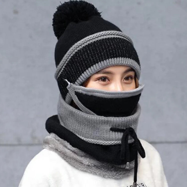 Cute Knit Warm Hat Face Mask Fur Pom Pom