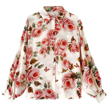 Rose Floral Print Puff Sleeve Chiffon Button Shirt Workwear