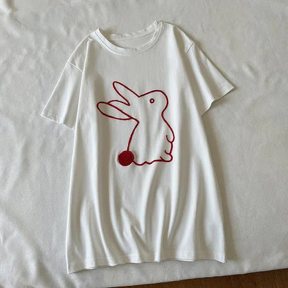 Cartoon Bunny Embroidery Round Neck Casual T-Shirt