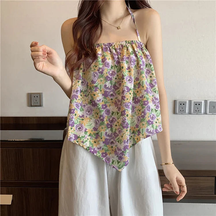 Floral Print Backless Halter Lace Up Camisole Top