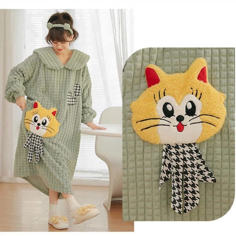 Kawaii Cartoon Embroidery Lapel Plush Pajamas Dress Meowhiskers