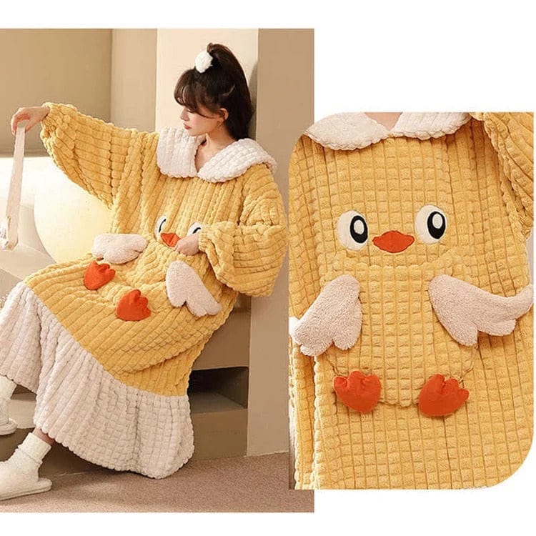 Kawaii Cartoon Embroidery Lapel Plush Pajamas Dress Meowhiskers