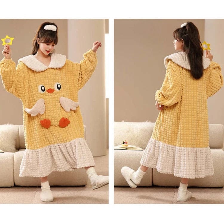 Kawaii Cartoon Embroidery Lapel Plush Pajamas Dress Meowhiskers