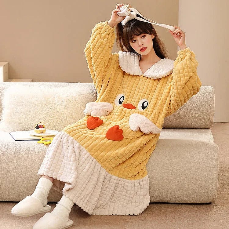 Kawaii Cartoon Embroidery Lapel Plush Pajamas Dress Meowhiskers