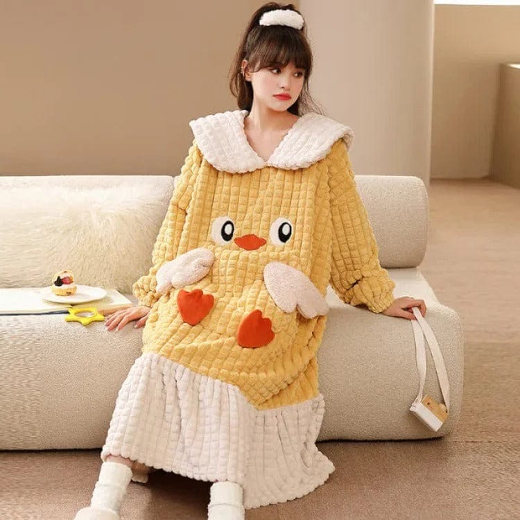 Kawaii Cartoon Embroidery Lapel Plush Pajamas Dress Meowhiskers