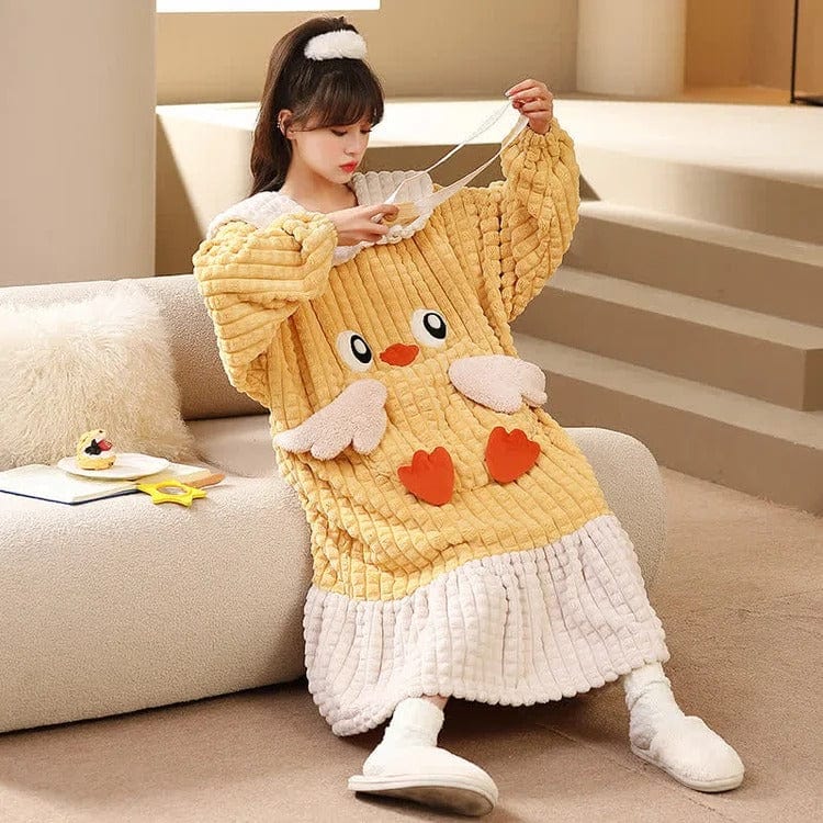 Kawaii Cartoon Embroidery Lapel Plush Pajamas Dress Meowhiskers