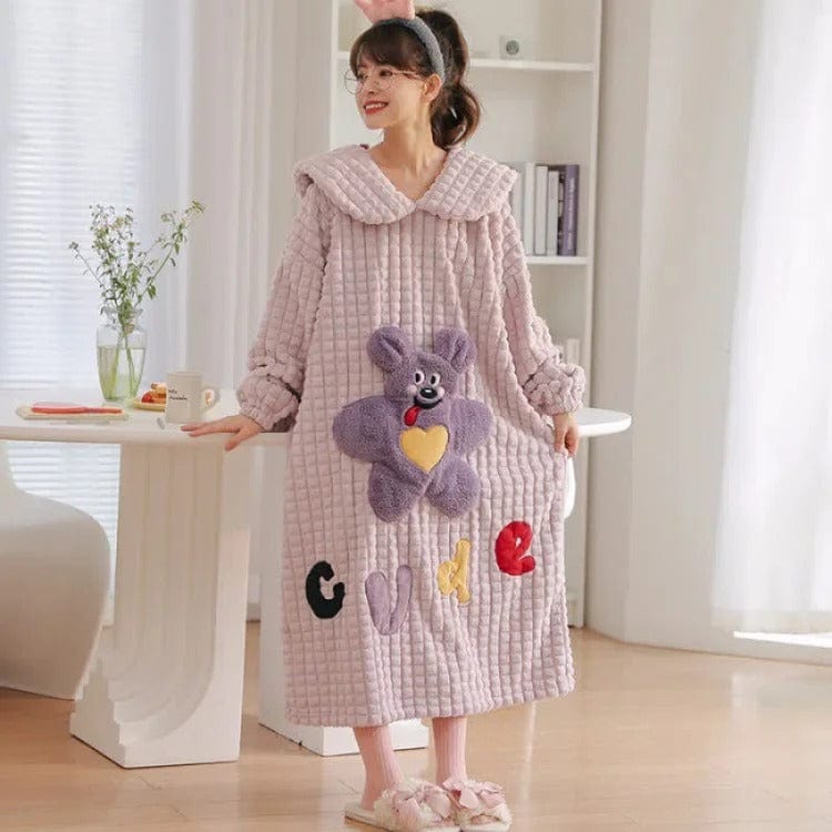 Kawaii Cartoon Embroidery Lapel Plush Pajamas Dress Meowhiskers