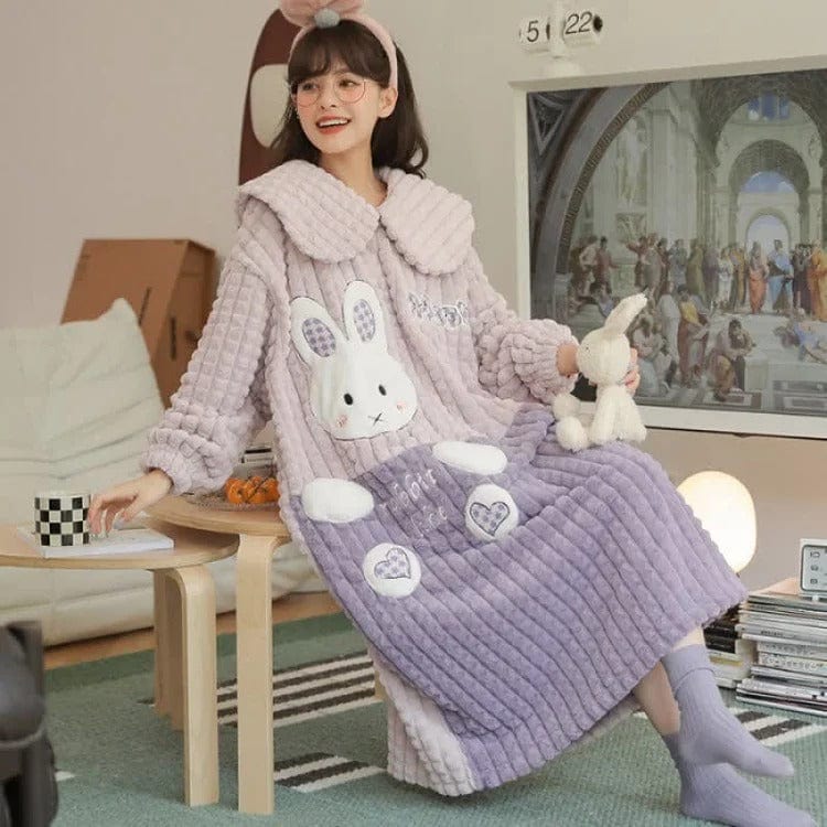 Kawaii Cartoon Embroidery Lapel Plush Pajamas Dress Meowhiskers