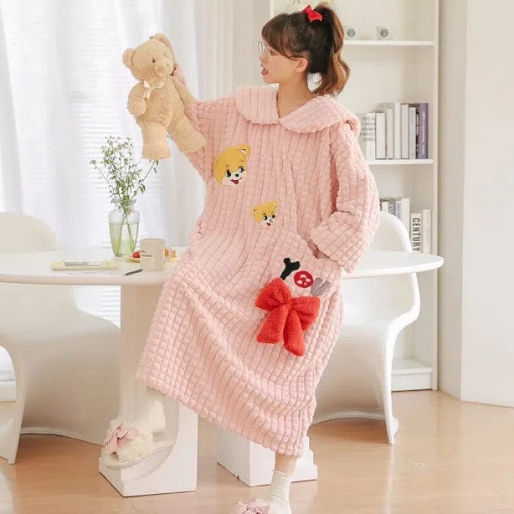 Kawaii Cartoon Embroidery Lapel Plush Pajamas Dress Meowhiskers