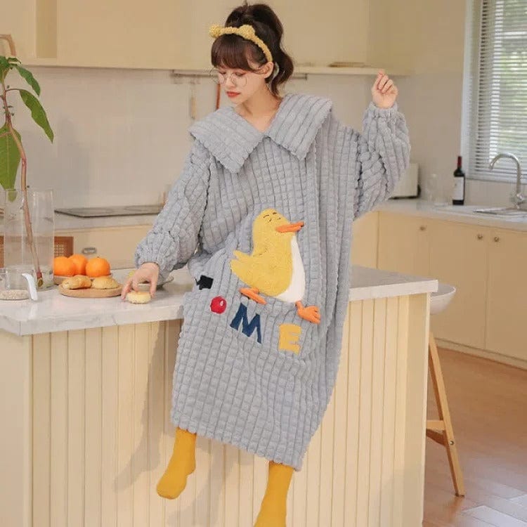Kawaii Cartoon Embroidery Lapel Plush Pajamas Dress Meowhiskers