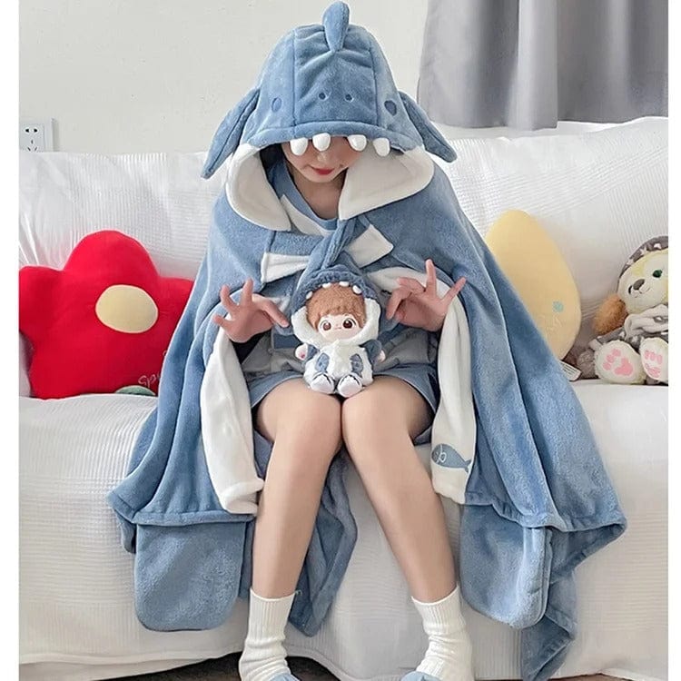 Kawaii Cartoon Shark Hooded Blanket Pajamas Meowhiskers