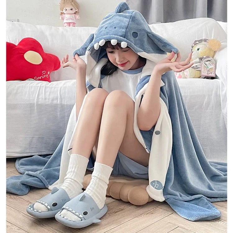 Kawaii Cartoon Shark Hooded Blanket Pajamas Meowhiskers