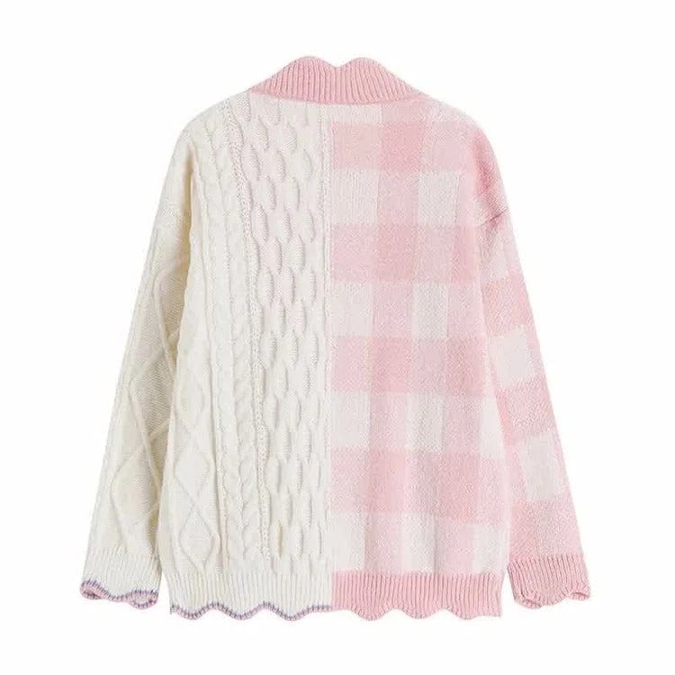Kawaii Lattice Print Colorblock Pocket Cardigan Sweater Meowhiskers