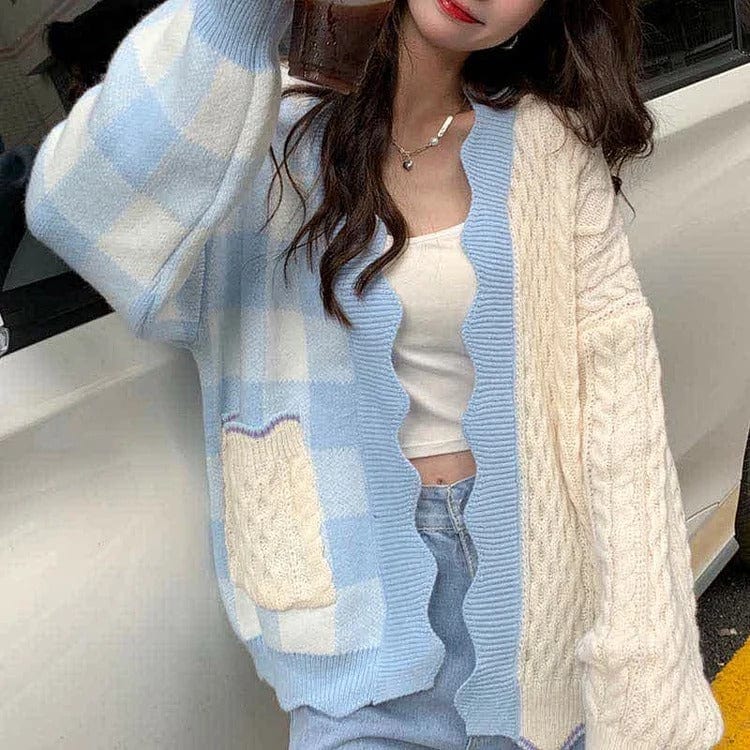 Kawaii Lattice Print Colorblock Pocket Cardigan Sweater Meowhiskers