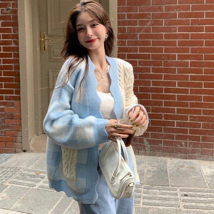 Kawaii Lattice Print Colorblock Pocket Cardigan Sweater Meowhiskers