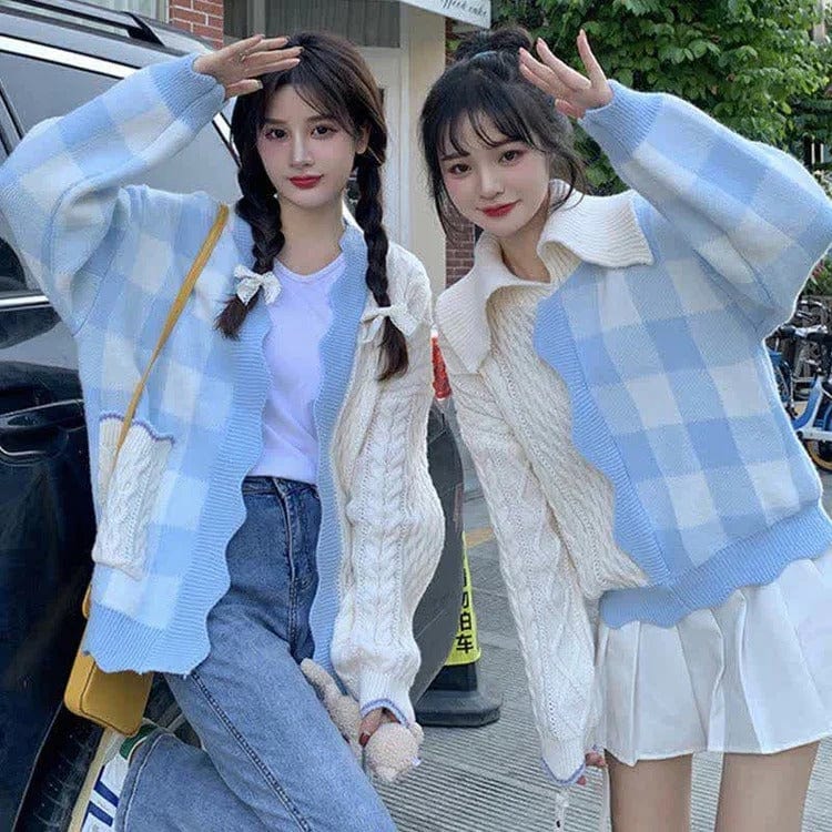 Kawaii Lattice Print Colorblock Pocket Cardigan Sweater Meowhiskers