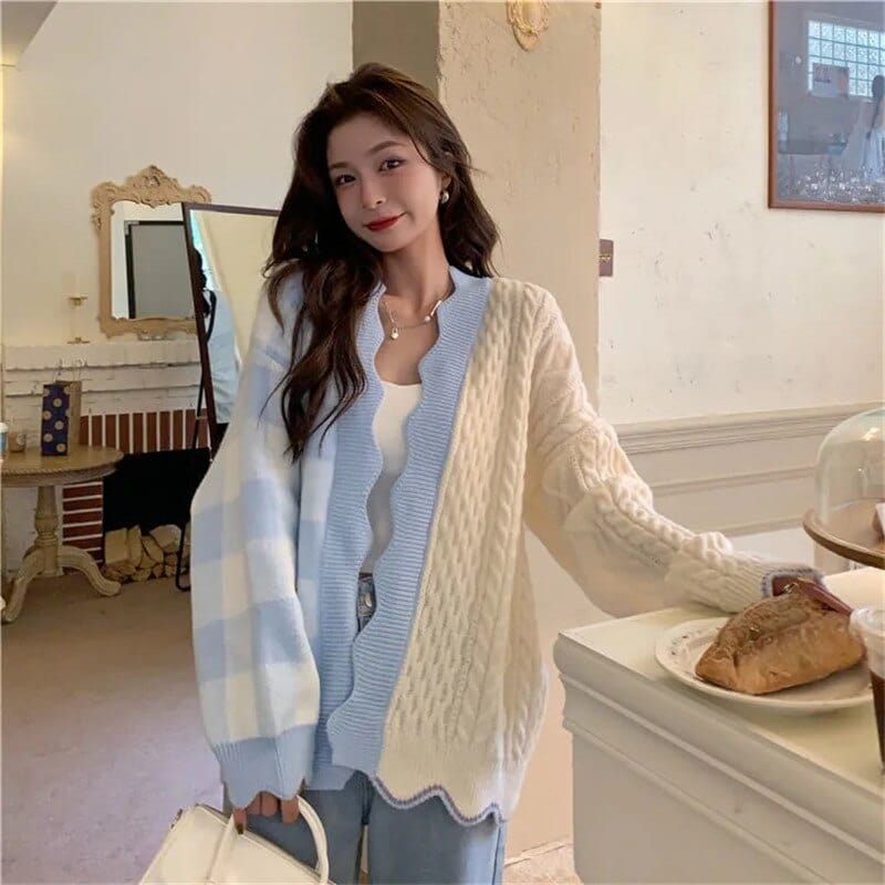 Kawaii Lattice Print Colorblock Pocket Cardigan Sweater Meowhiskers