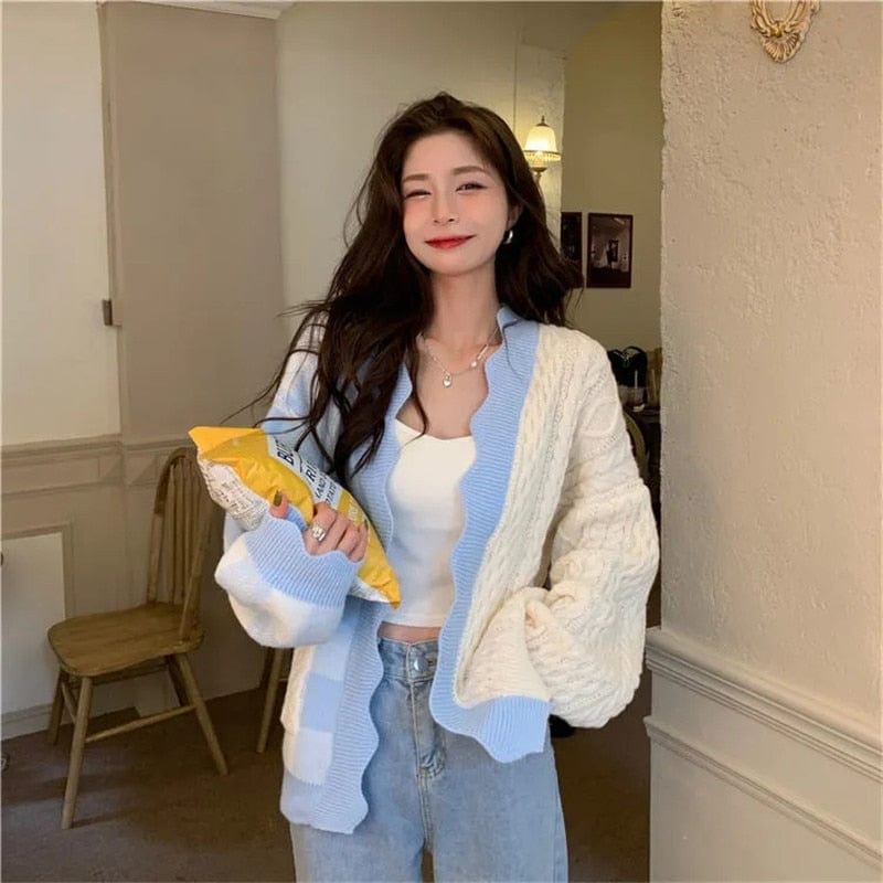 Kawaii Lattice Print Colorblock Pocket Cardigan Sweater Meowhiskers