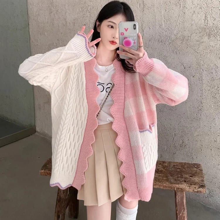 Kawaii Lattice Print Colorblock Pocket Cardigan Sweater Meowhiskers