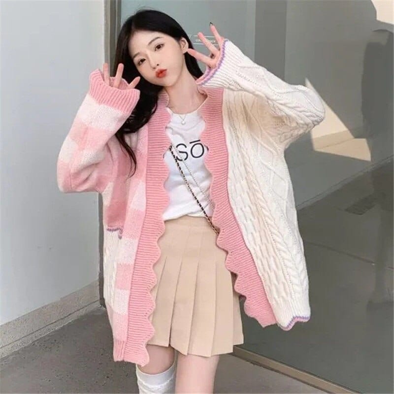 Kawaii Lattice Print Colorblock Pocket Cardigan Sweater Meowhiskers