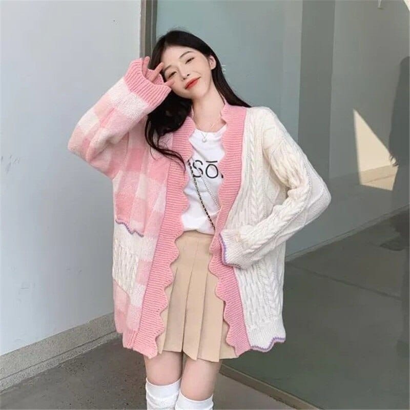 Kawaii Lattice Print Colorblock Pocket Cardigan Sweater Meowhiskers