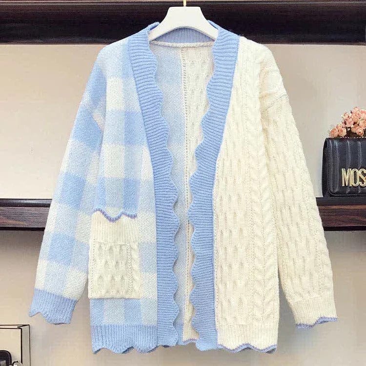 Kawaii Lattice Print Colorblock Pocket Cardigan Sweater Meowhiskers