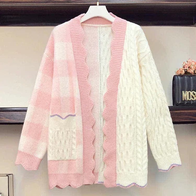 Kawaii Lattice Print Colorblock Pocket Cardigan Sweater Meowhiskers