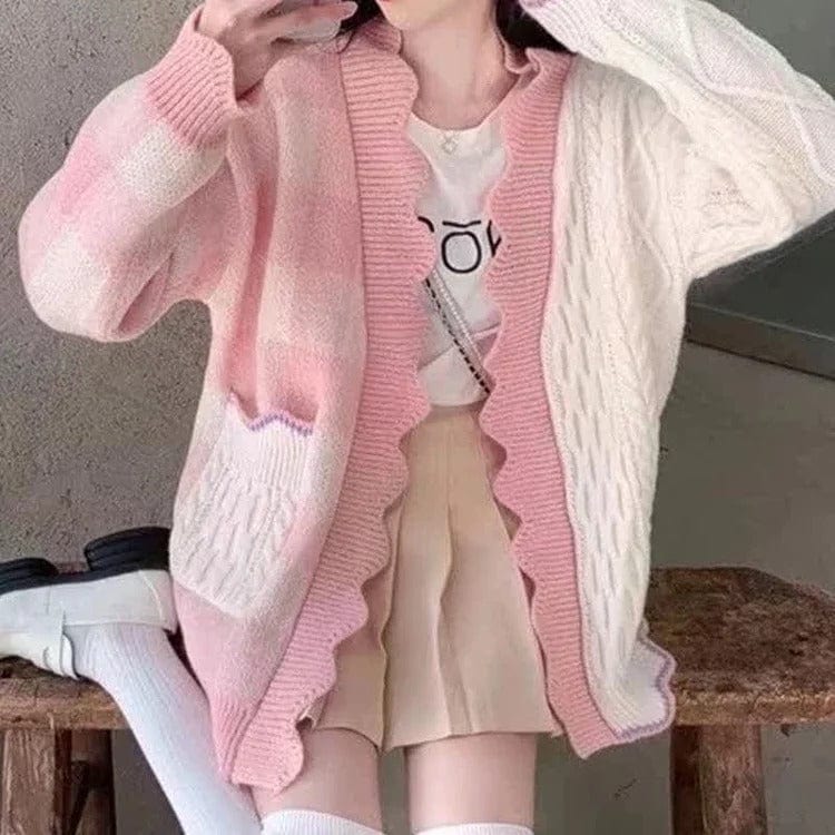 Kawaii Lattice Print Colorblock Pocket Cardigan Sweater Meowhiskers