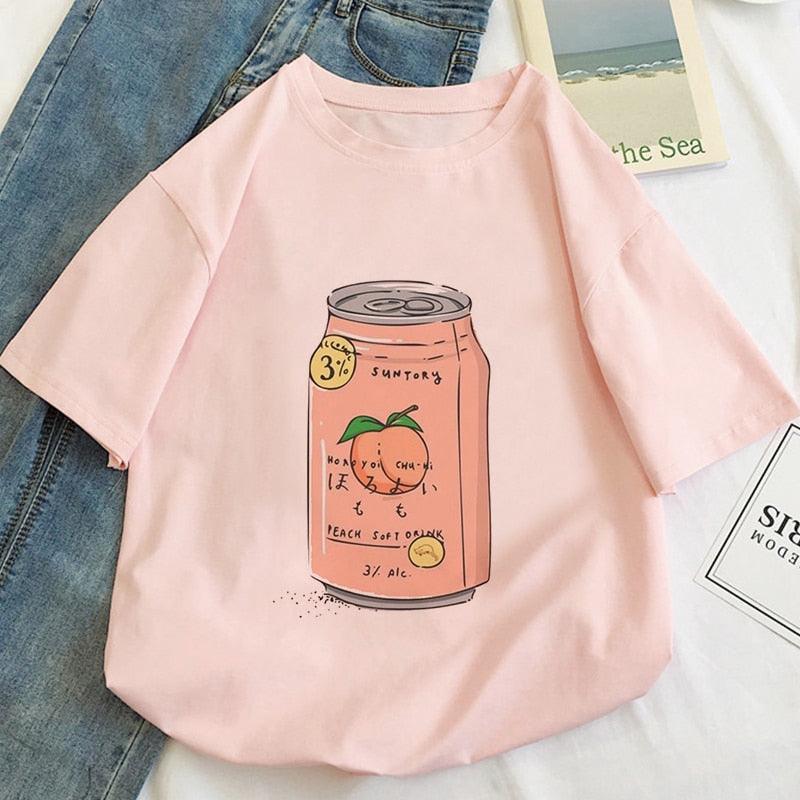Women's Cute Kawaii Peach Juice Box T-Shirt - Harajuku Style Embroidery Casual Top - View #12