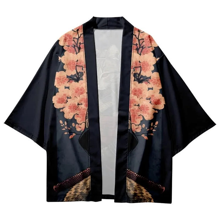 Vintage Cat Warriors Print Cardigan Kimono Outerwear