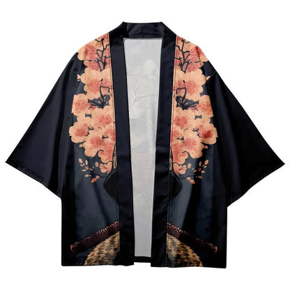 Vintage Cat Warriors Print Cardigan Kimono Outerwear