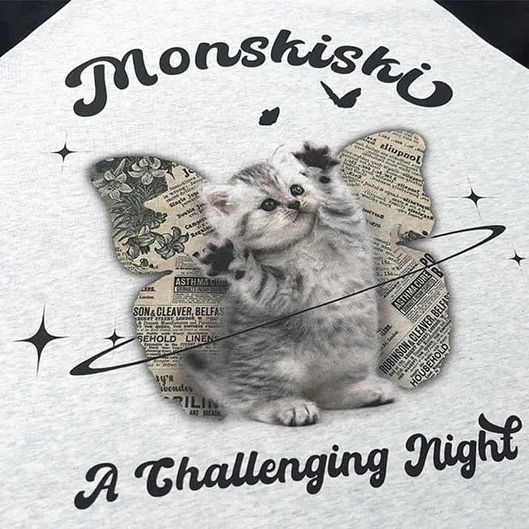 Kitty Butterfly Letter Print Round Neck Colorblock T-Shirt Meowhiskers