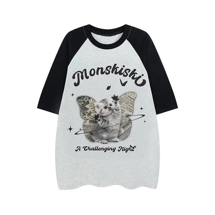 Kitty Butterfly Letter Print Round Neck Colorblock T-Shirt Meowhiskers