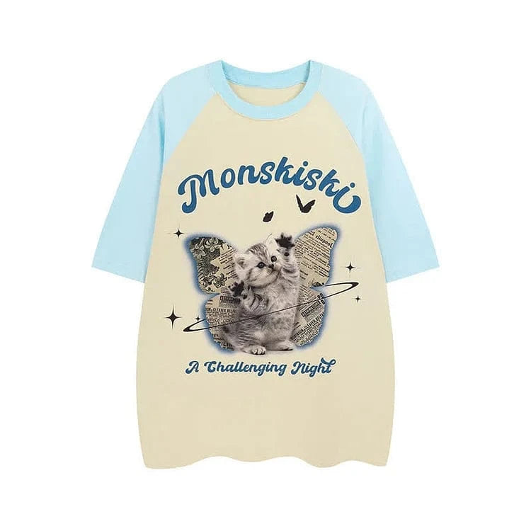 Kitty Butterfly Letter Print Round Neck Colorblock T-Shirt Meowhiskers