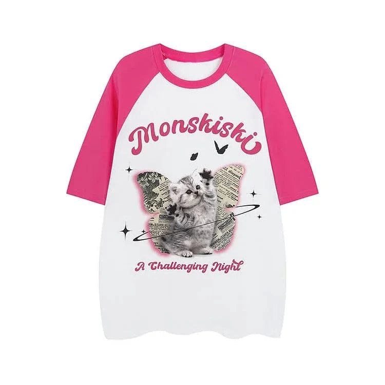 Kitty Butterfly Letter Print Round Neck Colorblock T-Shirt Meowhiskers