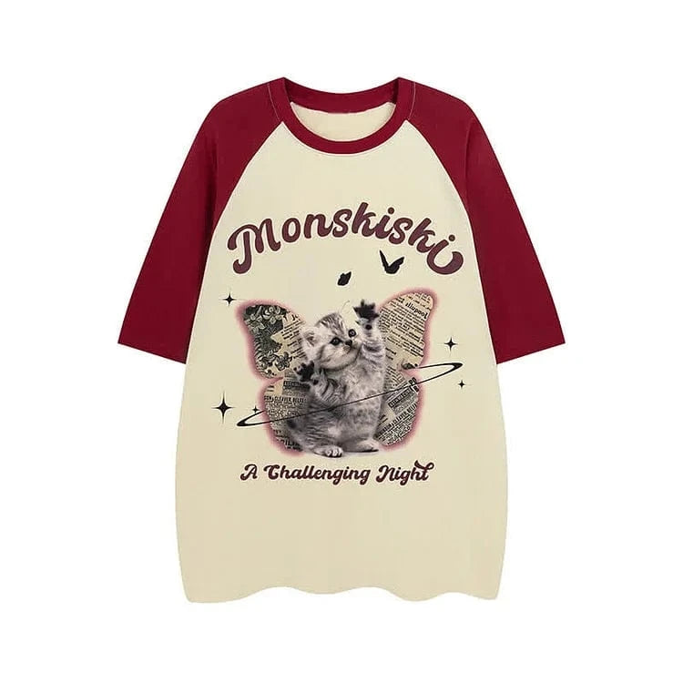 Kitty Butterfly Letter Print Round Neck Colorblock T-Shirt Meowhiskers
