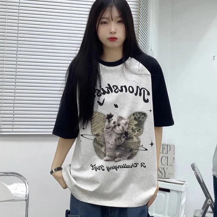 Kitty Butterfly Letter Print Round Neck Colorblock T-Shirt Meowhiskers