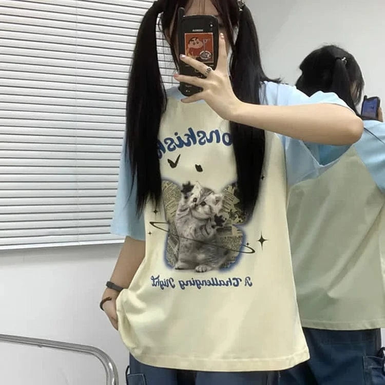 Kitty Butterfly Letter Print Round Neck Colorblock T-Shirt Meowhiskers