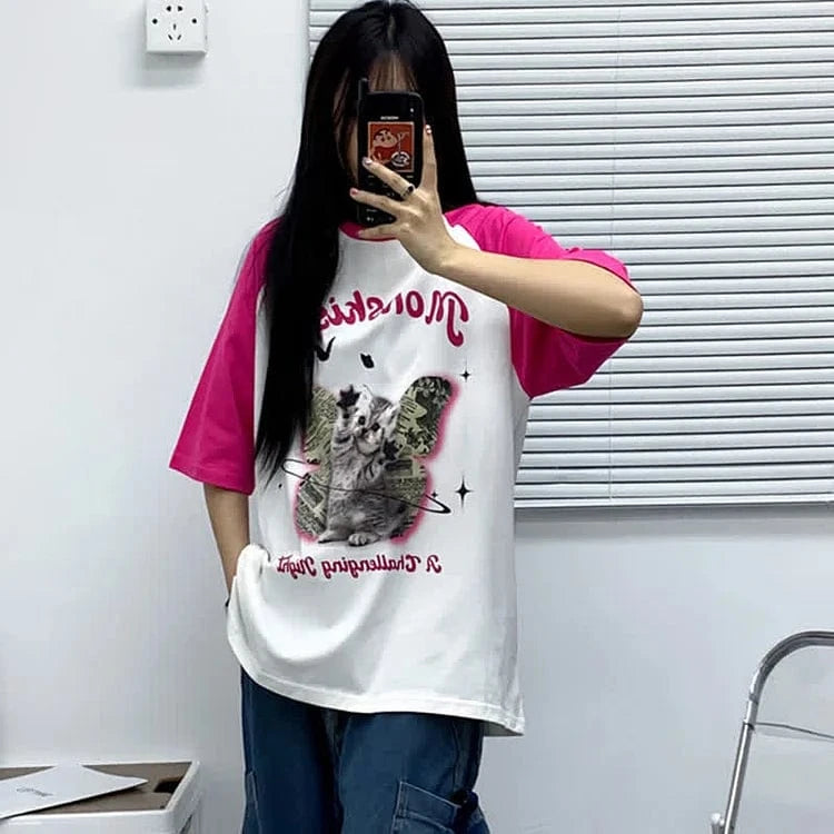 Kitty Butterfly Letter Print Round Neck Colorblock T-Shirt Meowhiskers