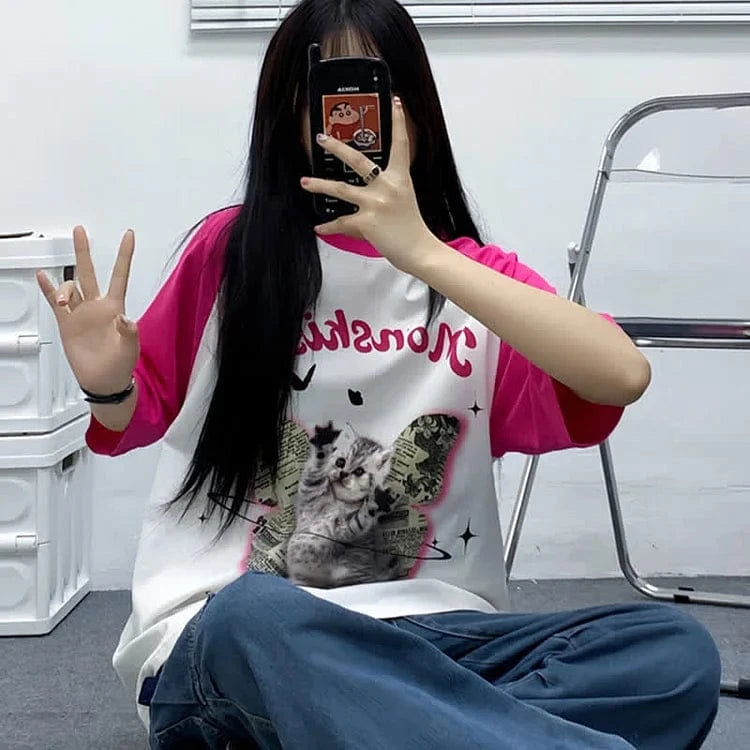 Kitty Butterfly Letter Print Round Neck Colorblock T-Shirt Meowhiskers