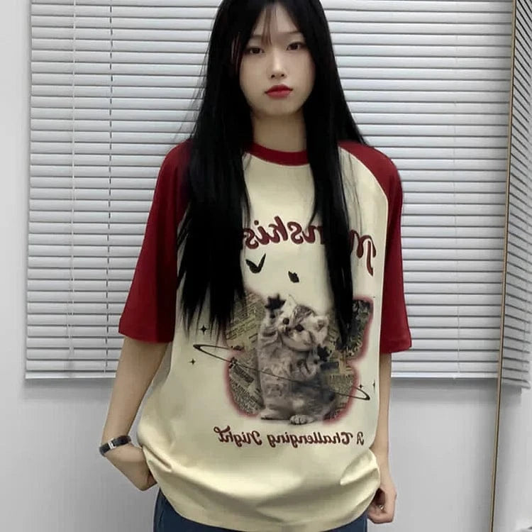 Kitty Butterfly Letter Print Round Neck Colorblock T-Shirt Meowhiskers
