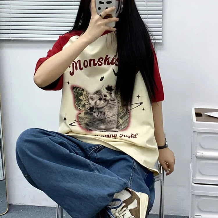 Kitty Butterfly Letter Print Round Neck Colorblock T-Shirt Meowhiskers