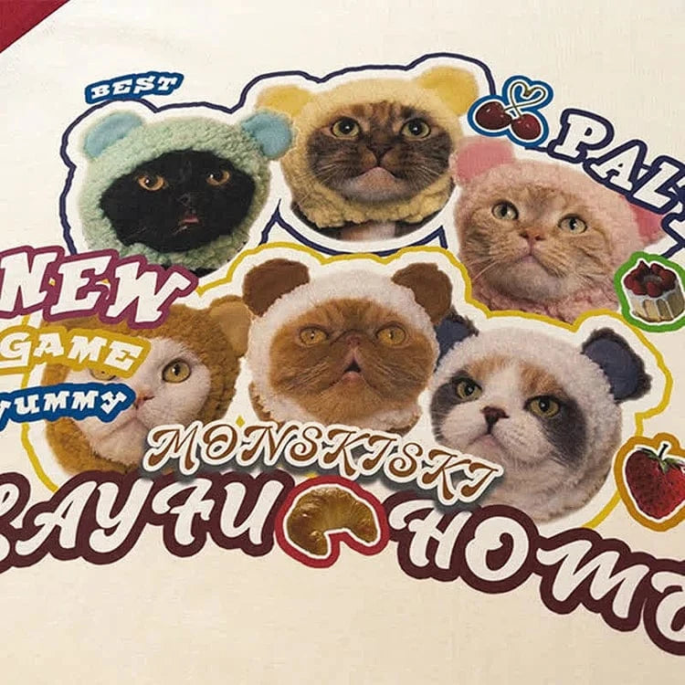 Kitty Letter Print Round Neck Colorblock T-Shirt Meowhiskers