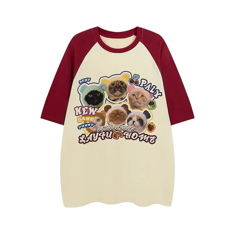 Kitty Letter Print Round Neck Colorblock T-Shirt Meowhiskers