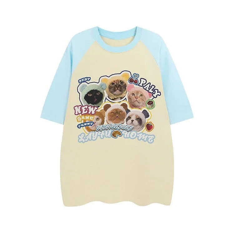Kitty Letter Print Round Neck Colorblock T-Shirt Meowhiskers
