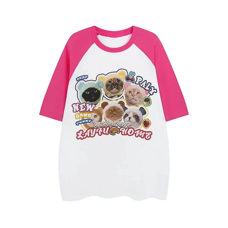 Kitty Letter Print Round Neck Colorblock T-Shirt Meowhiskers