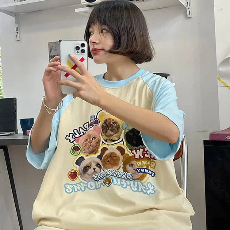 Kitty Letter Print Round Neck Colorblock T-Shirt Meowhiskers